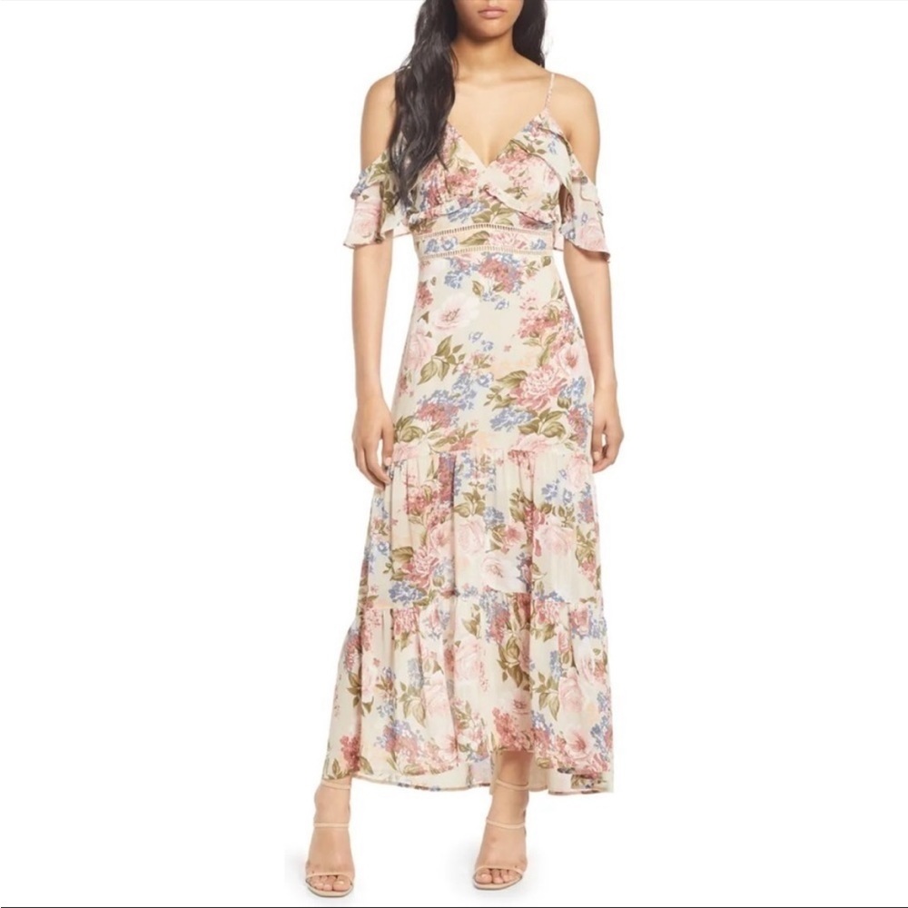 Floral Cold Shoulder Ruffle Maxi Dress from Floret Studios. Size XS